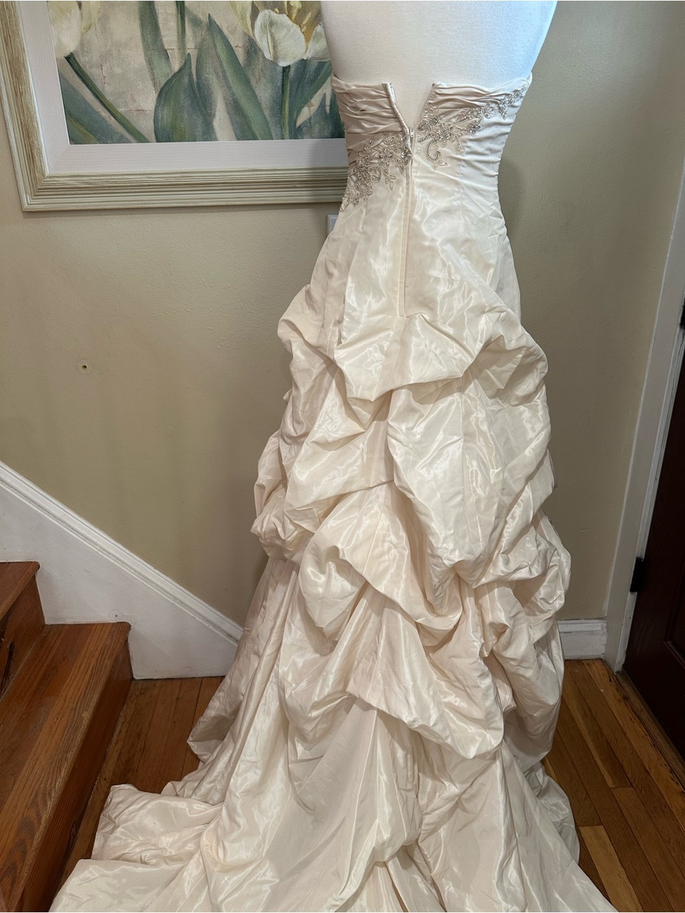 Davids Bridal Ivory Champagne Ruched lace Strapless Wedding Dress Sz 8 - Picture 10 of 16
